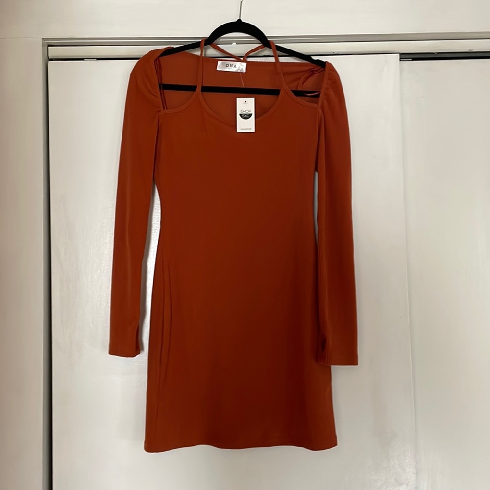 Burnt orange colored mini long sleeve dress
